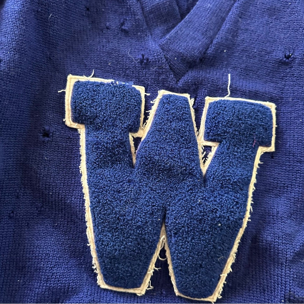 Chicago W Varsity Blue Wool Sweater Chenille Patch Vintage XXL Grunge Cubs